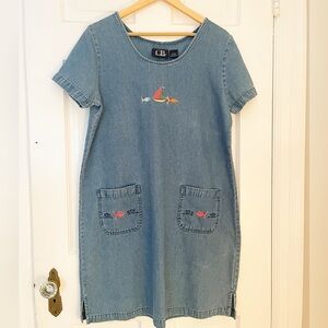 Vintage Denim Dress with Embroidered Fish Details Scoop Neck with Front Pockets